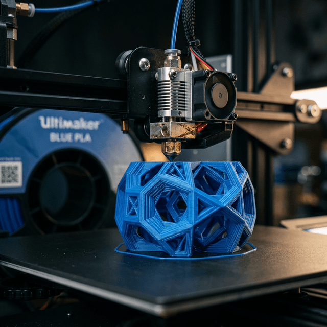 Impressora 3D produzindo uma peça azul detalhada